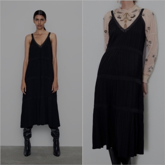 Zara‎ Black Lace Trim Tiered Pleated Knit Maxi Dress Size Medium NWT - Picture 2 of 13
